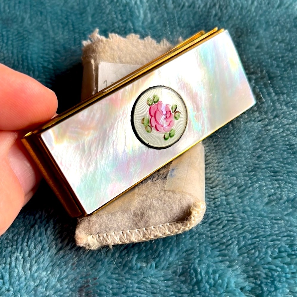 NWT Vintage mother of pearl and painted rose money clip and frame from Germany